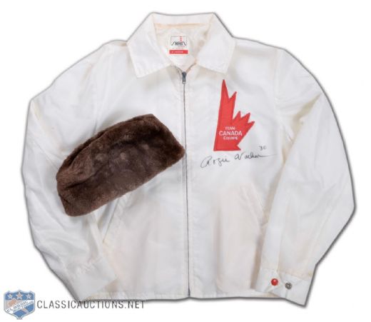 Rogatien Vachons Signed 1976 Canada Cup Team Canada Jacket & Fur Hat