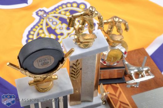 Rogatien Vachons Los Angeles Kings Trophy Collection of 5, Including Kings MVP Awards for 1972-73 to 1974-75, Plus Signed Kings Jersey