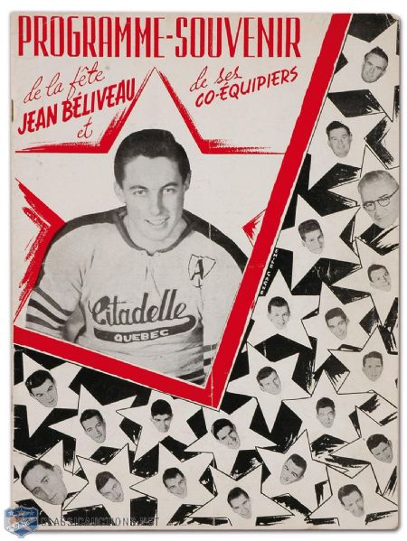1951 Jean Beliveau Quebec Citadels Night Program & Rare Pinback Button