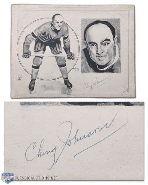 1934 Ching Johnson New York Rangers Autographed Pen & Ink Drawing