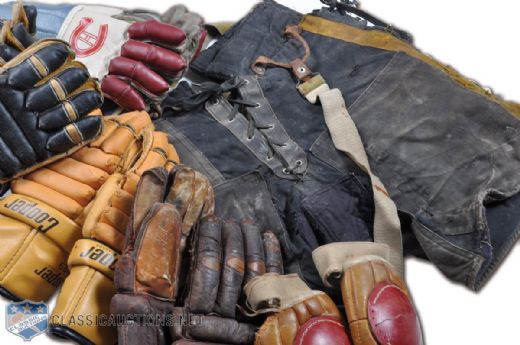 Vintage Hockey Equipment Lot Featuring Hockey Glove Collection of 4 Pairs, Shinpads, Elbow Protectors and Hockey Pants