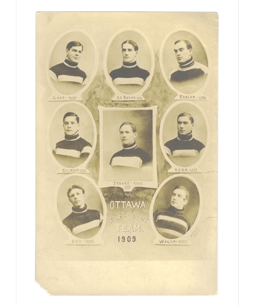 Ottawa Senators (ECHA) 1908-09 Hockey Club Team Photo Postcard Including HOFers Taylor, Gilmour, Walsh, LeSueur and Stuart - Stanley Cup Champions