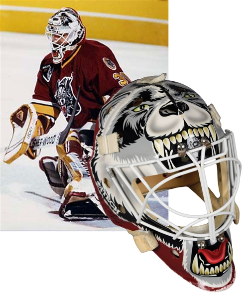 Ray LeBlancs Mid-1990s IHL Chicago Wolves Signed Game-Worn Itech Goalie Mask by Frank Cipra - Photo-Matched!
