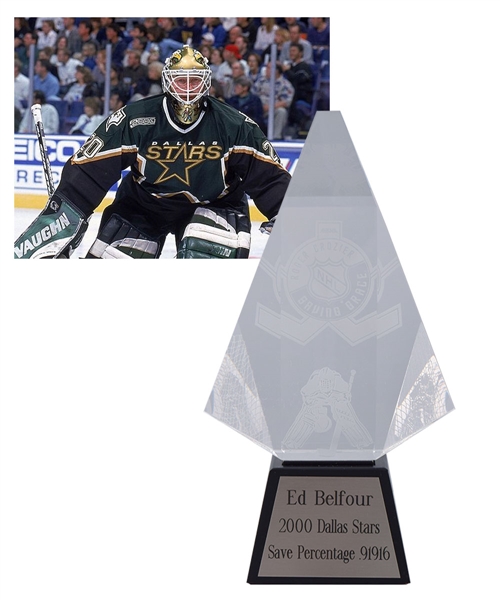 Ed Belfours 1999-2000 Roger Crozier MBNA Saving Grace Award Trophy with His Signed LOA (9 ½”) 