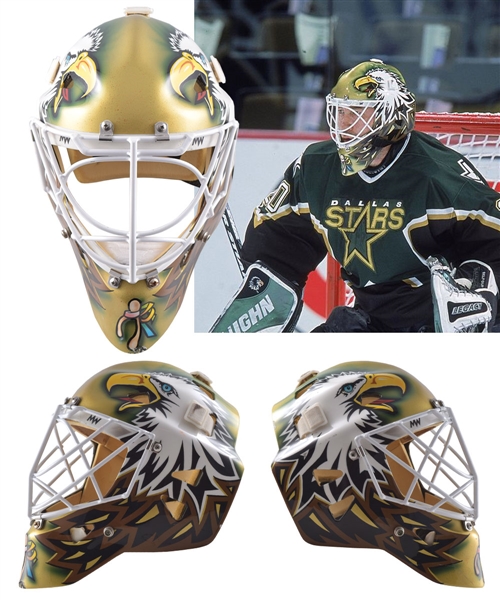 Ed Belfours 2000-01 Dallas Stars Game-Worn Warwick Goalie Mask with His Signed LOA - Photo-Matched to Regular Season and Playoffs!