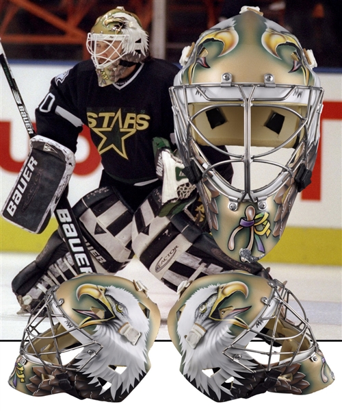 Ed Belfours 1997-98 Dallas Stars Game-Worn Warwick Goalie Mask - His First Dallas Mask! - Photo-Matched!