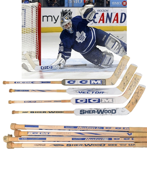 Ed Belfours 2002-06 Toronto Maple Leafs Game-Used Stick Collection of 4 with His Signed LOA