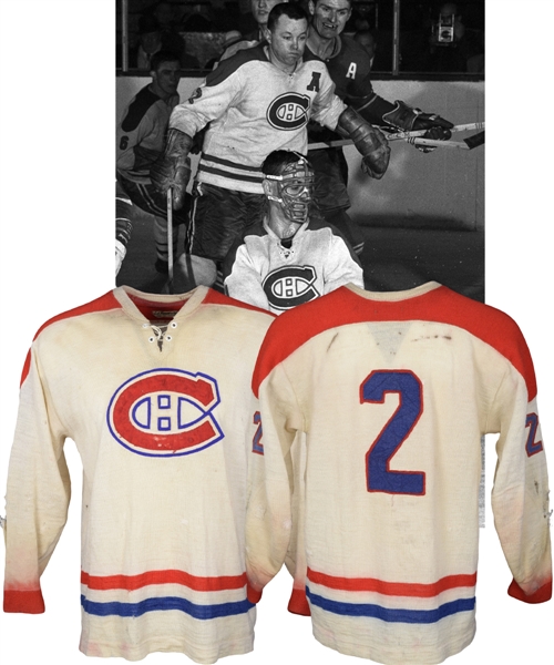Doug Harveys 1959-60 Montreal Canadiens Game-Worn Wool Jersey with LOA - Team Repairs! - Photo-Matched!