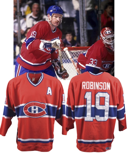 Larry Robinsons 1986-87 Montreal Canadiens Game-Worn Alternate Captains Jersey - 15+ Team Repairs!