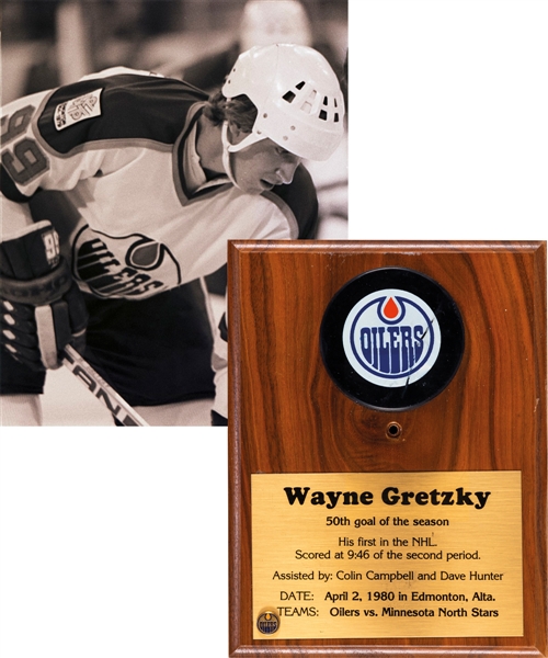 Wayne Gretzkys Edmonton Oilers April 2nd 1980 "50th Goal of Rookie Season - 50th NHL Career Goal" Milestone Puck with Team LOA