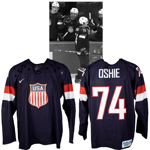 T.J. Oshies 2014 Sochi Winter Olympics Team USA Game-Worn Jersey with NHLPA LOA