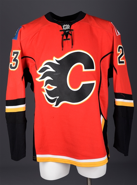 Eric Nystroms 2007-08 Calgary Flames Game-Worn Rookie Season Photo-Matched Home Jersey with Team LOA and Rbk Game-Used Gloves