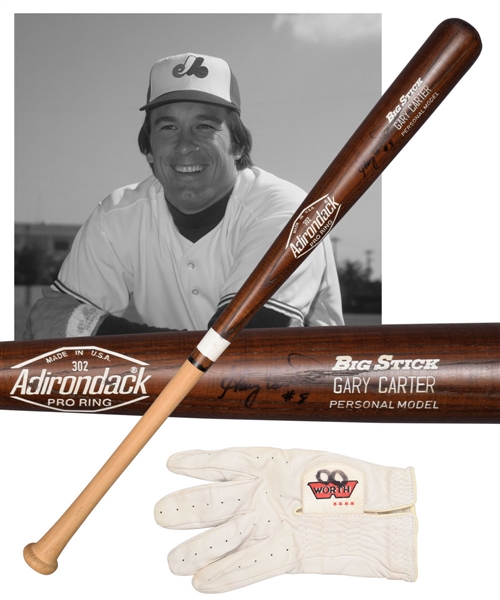 Gary Carters Early-1980s Montreal Expos Signed Adirondack Game-Issued Bat and Game-Used Batting Glove