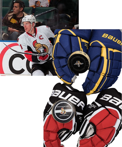 Daniel Alfredssons 2009-10 Ottawa Senators "1000th Game" Assist Goal Puck and Gloves Plus 2008-09 Goal Puck and 2010 Olympics Game-Used Gloves
