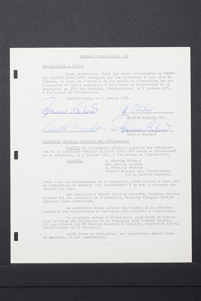 Deceased HOFer Maurice "Rocket" Richard 1971 General Fishing Lines Document Signed 5 Times by the Rocket!