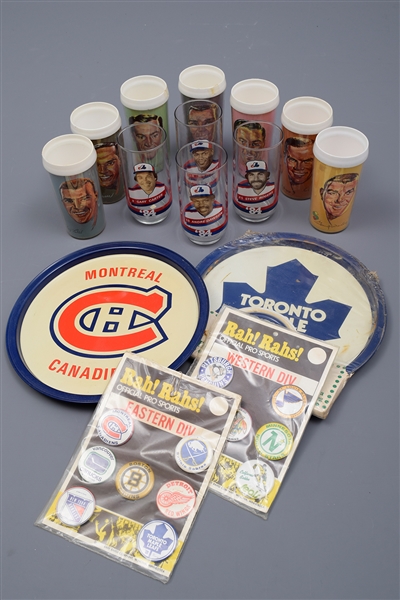 Hockey Memorabilia Collection with 1965-66 Montreal Canadiens Steinberg Glasses, Early-1970s NHL Team Buttons in Packaging and Much More!