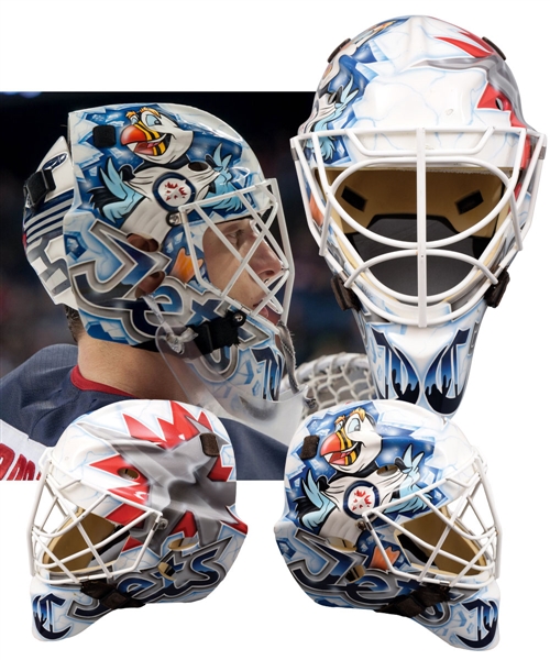 Chris Carrozzis 2012-13 ECHL Ontario Reign and AHL St. Johns IceCaps Game-Worn Winnipeg Jets Themed Goalie Mask - Photo-Matched!