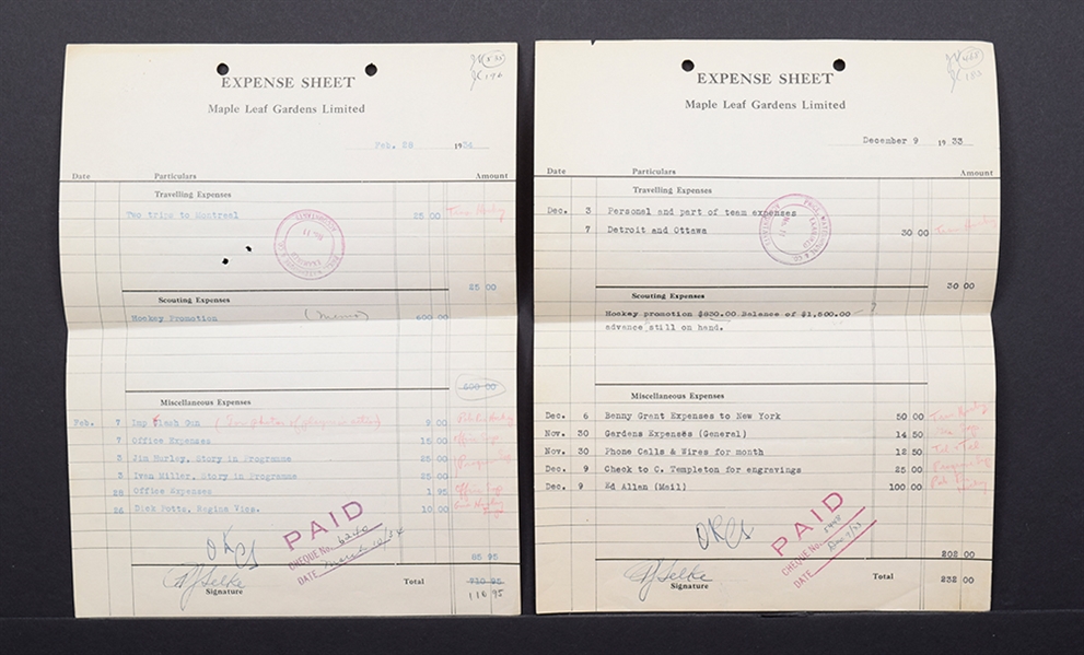 Maple Leaf Gardens 1933 and 1934 Expense Sheets Signed by Deceased HOFers Frank Selke and Conn Smythe with LOA