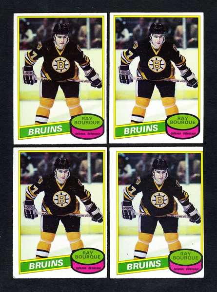 1980-81 O-Pee-Chee Hockey #140 HOFer Raymond Bourque RC Card Collection of 4