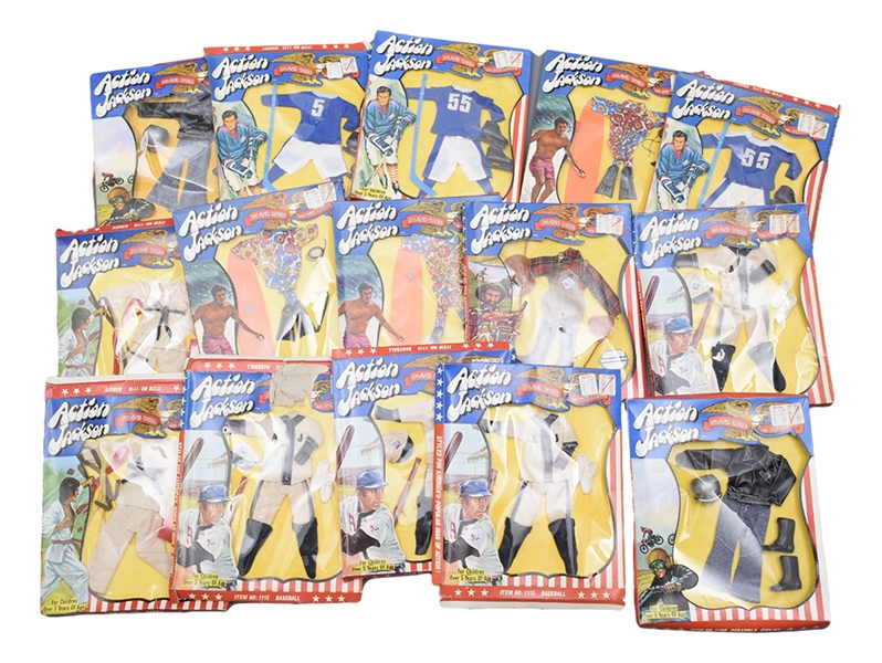 Circa 1971 Mego Action Jackson Outfits in Original Boxes (15) with Hockey and Baseball