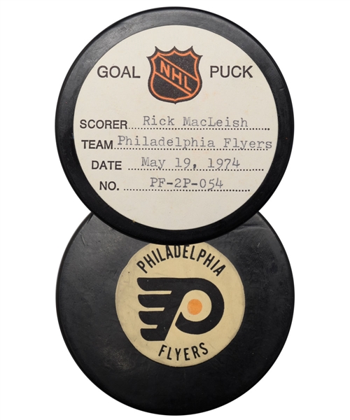 Rick MacLeishs Philadelphia Flyers May 19th 1974 Goal Puck from the NHL Goal Puck Program - Stanley Cup Finals Cup-Winning Goal!