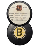Phil Espositos Boston Bruins April 7th 1974 Goal Puck from the NHL Goal Puck Program - 68th Goal of Season / Career Goal #466