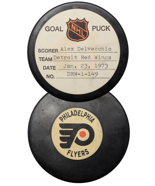 Alex Delvecchios Detroit Red Wings January 23rd 1973 Goal Puck from the NHL Goal Puck Program - 13th Goal of Season / Career Goal #450