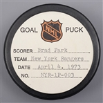 Brad Parks New York Rangers April 4th 1973 Playoff Goal Puck from the NHL Goal Puck Program - 2nd Playoff Goal of Season / Career Playoff Goal #7