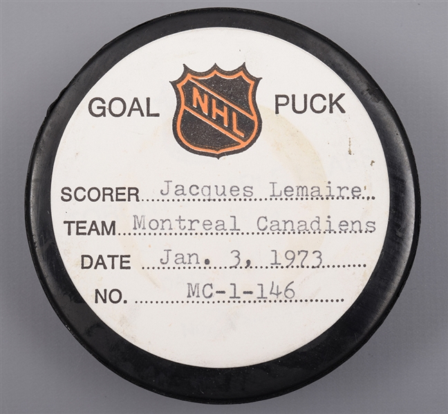 Jacques Lemaires Montreal Canadiens January 3rd 1973 Goal Puck from the NHL Goal Puck Program - 30th Goal of Season / Career Goal #173