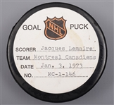 Jacques Lemaires Montreal Canadiens January 3rd 1973 Goal Puck from the NHL Goal Puck Program - 30th Goal of Season / Career Goal #173