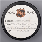 Norm Ullmans Toronto Maple Leafs January 7th 1973 Goal Puck from the NHL Goal Puck Program - 11th Goal of Season / Career Goal #450