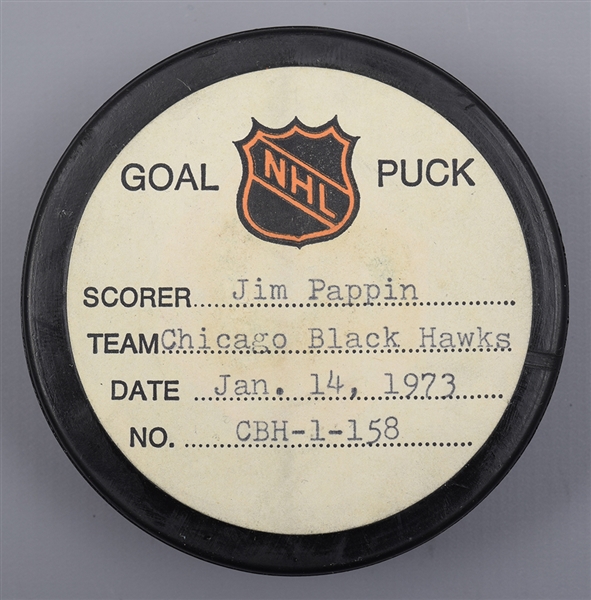 Jim Pappins Chicago Black Hawks January 14th 1973 Goal Puck from the NHL Goal Puck Program - 20th Goal of Season / Career Goal #181