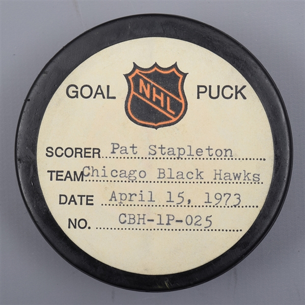Pat Stapletons Chicago Black Hawks April 15th 1973 Stanley Cup Semifinals Goal Puck from the NHL Goal Puck Program - Career Playoff Goal #10