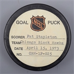 Pat Stapletons Chicago Black Hawks April 15th 1973 Stanley Cup Semifinals Goal Puck from the NHL Goal Puck Program - Career Playoff Goal #10