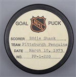 Eddie Shacks Pittsburgh Penguins March 10th 1973 Goal Puck from the NHL Goal Puck Program - 20th Goal of Season / Career Goal #225