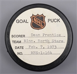 Dean Prentices Minnesota North Stars February 7th 1973 Goal Puck from the NHL Goal Puck Program - 20th Goal of Season / Career Goal #383
