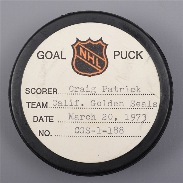 Craig Patricks California Golden Seals March 20th 1973 Goal Puck from the NHL Goal Puck Program - 18th Goal of Season / Career Goal #26