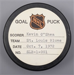 Kevin OSheas St. Louis Blues October 7th 1972 Goal Puck from the NHL Goal Puck Program - 1st Goal of Season / Career Goal #11