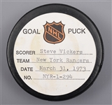 Steve Vickers New York Rangers March 31st 1973 Goal Puck from the NHL Goal Puck Program - 30th Goal of Season / Career Goal #30