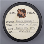 Serge Berniers Los Angeles Kings March 24th 1973 Goal Puck from the NHL Goal Puck Program - 20th Goal of Season / Career Goal #66