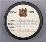John Stewarts Atlanta Flames October 21st 1972 Goal Puck from the NHL Goal Puck Program - 1st Goal of Season / Career Goal #5