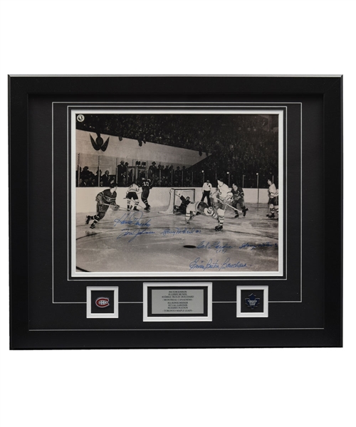Multi-Signed Leafs/Canadiens Framed Photo of Bill Barilkos Famous 1951 Goal with LOA (18” x 22”)