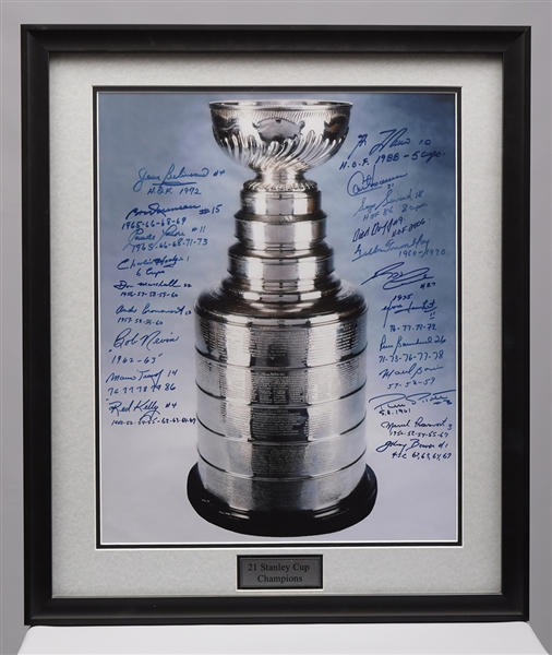 Stanley Cup Winners Signed Framed Photo by 21 with Inscriptions Including Beliveau, Lafleur and Savard (22" x 26") 