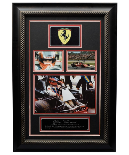 Ferrari Formula One Racing Legend Gilles Villeneuve Signed Framed Display (21” x 30”) 