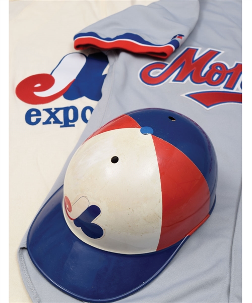 Montreal Expos Game-Worn Collection of 8 with Lansings and Chavezs Game-Worn Jerseys & Cromarties Batting Helmet