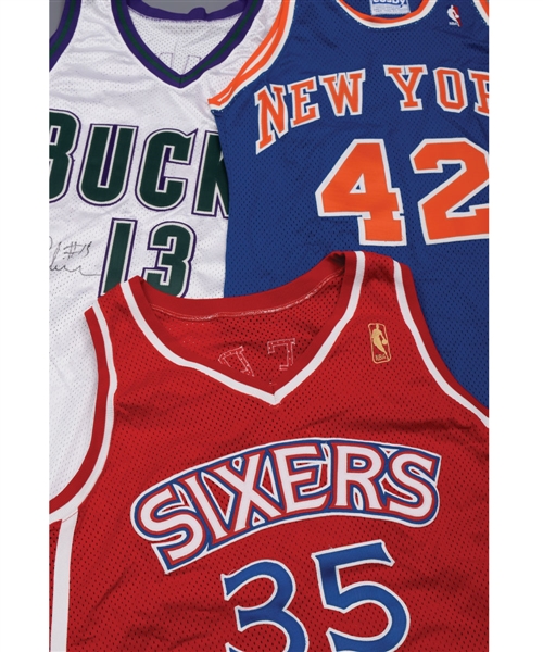 NBA Basketball Game-Worn Collection of 8 with Sixers, Bucks and Knicks Game-Worn Jerseys