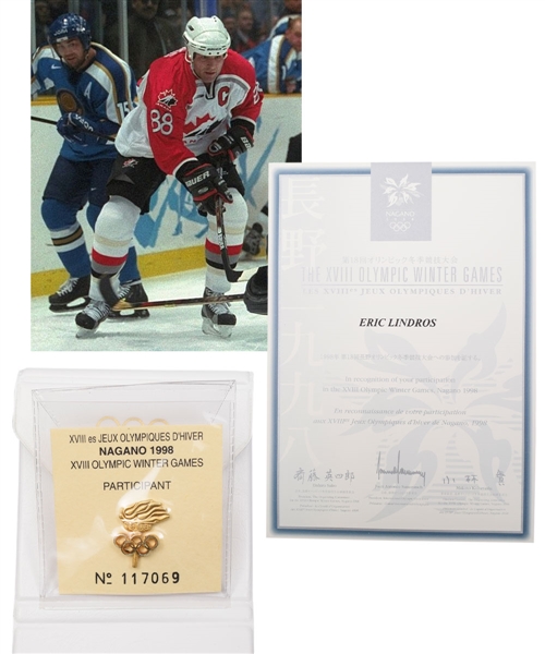 Eric Lindros 1998 Nagano Winter Olympics Participant Pin and Diploma Plus Canadian Olympic Association Diploma and Related Papers