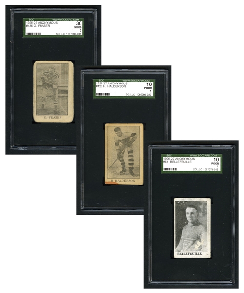 1925-27 Anonymous SGC-Graded Hockey Card Collection of 3 - #61 Bellefeuille, #123 Halderson and #136 Fraser