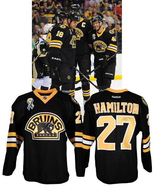 Dougie Hamiltons 2012-13 Boston Bruins Signed "Boston Strong" Game-Issued Jersey with Team LOA