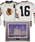 Bobby Hull Signed Chicago Black Hawks Vintage Style Jersey with "Stanley Cup 1961" Annotation Plus Belfour, Hull, Chelios and Esposito Multi-Signed Framed Print